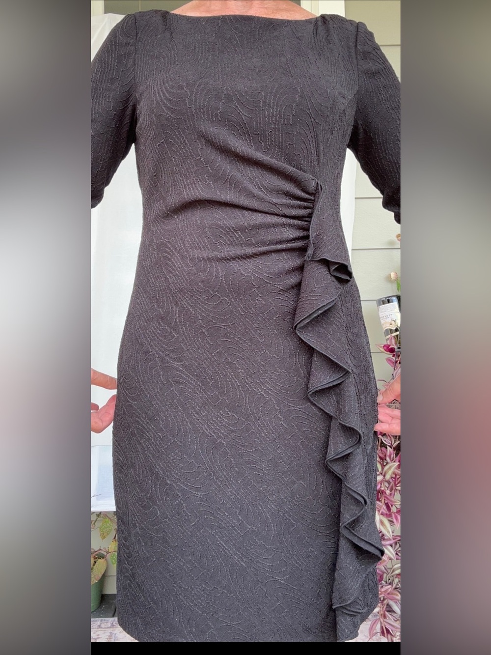 Jessica Howard 12P Black Sparkle Textured Ruffle Sheath Cocktail Dress